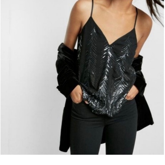 Express Sequin feather sexy black spaghetti strap top L - Picture 2 of 5